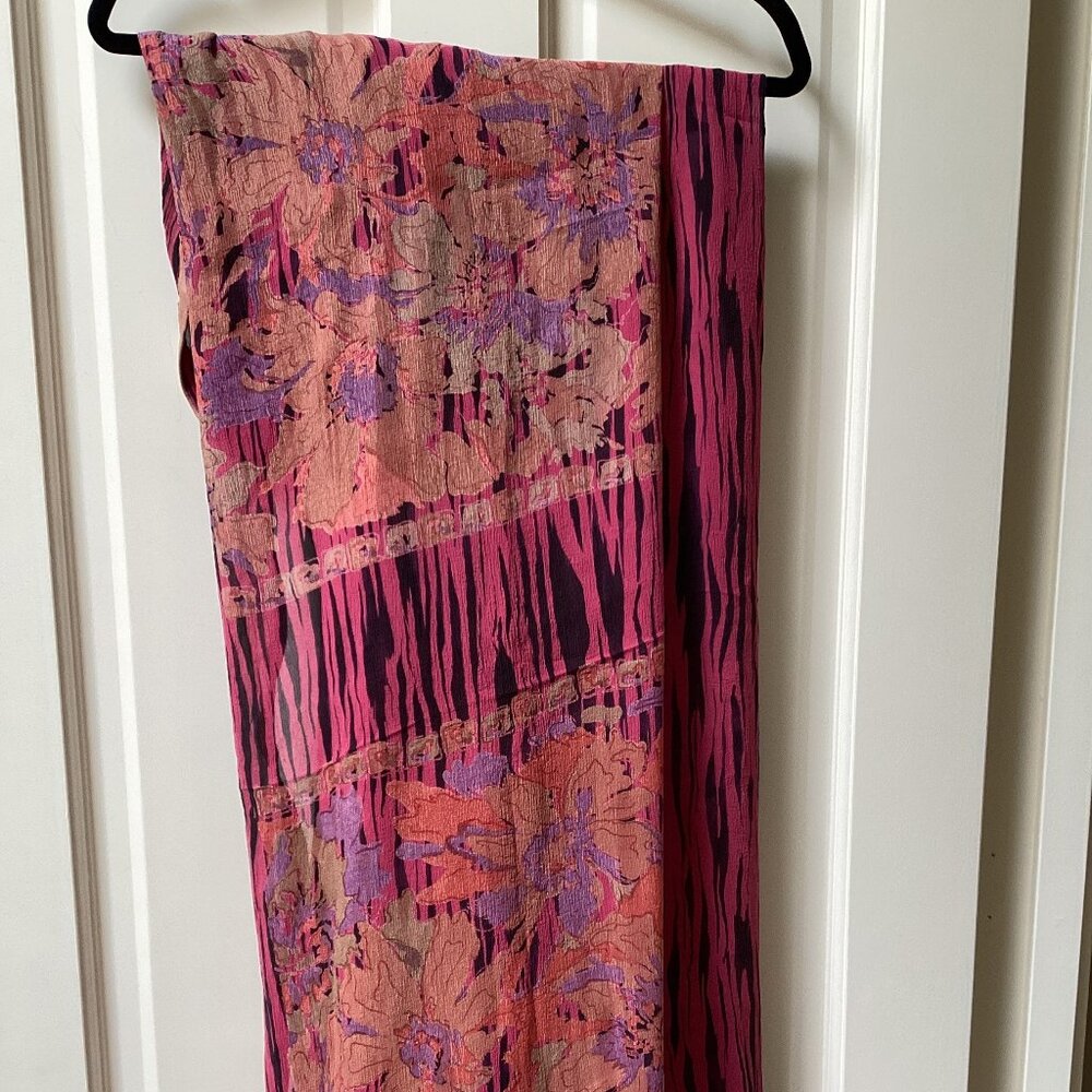Red, rose, lavender, beige flowered scarf shawl, very large, 44" x 88"